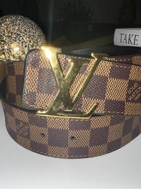Louis Vuitton Brown Damier Belt with Gold LV Initials Buckle